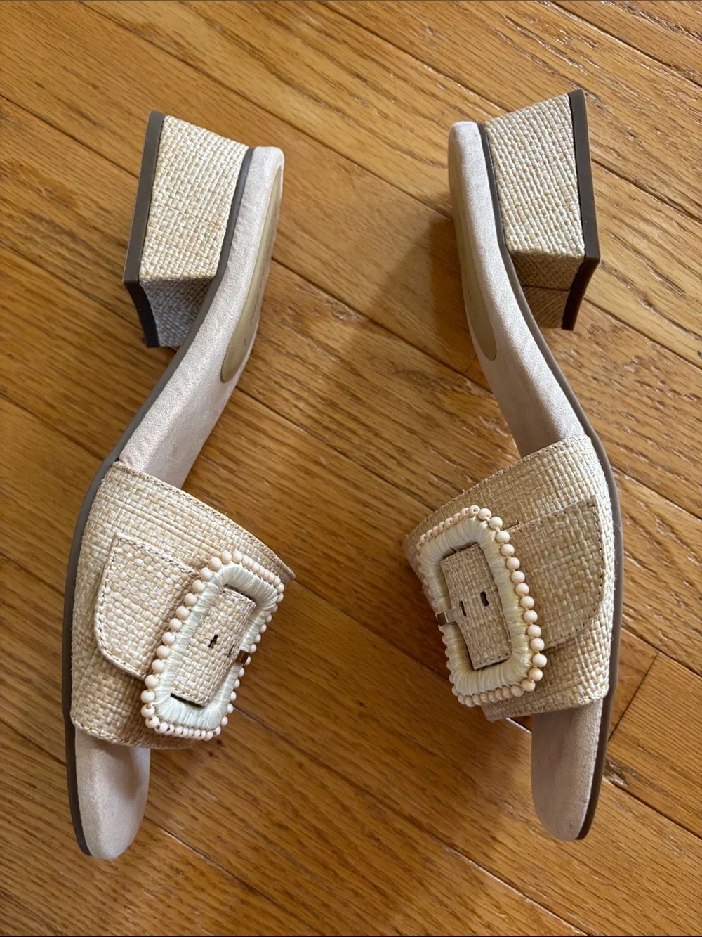 ANNE KLEIN Netty Heeled Slide Sandals beaded tan buckle heel 9.5 M